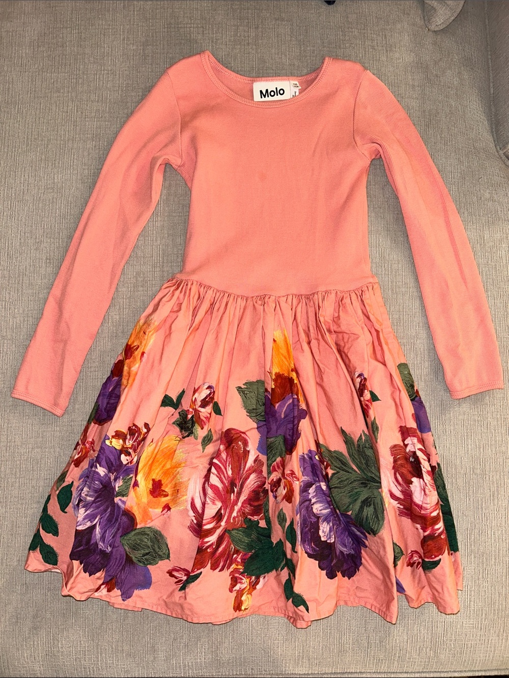 Molo Coral Pink Long-Sleeve Dress with Floral Skirt
